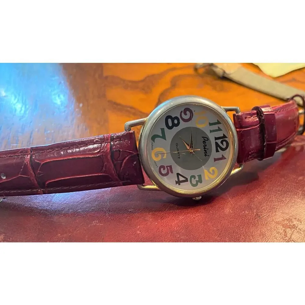 Women's 35mm Gold Tone Perini Watch, Multicolor Dial, Red Leather Band